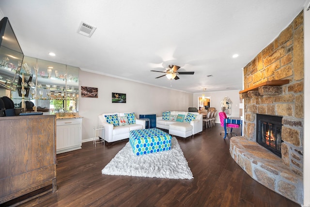 1412 Airport Rd, Hot Springs, AR 71913 - living area with ceiling fan, wood finished floors, a stone fireplace, recessed lighting, and bar