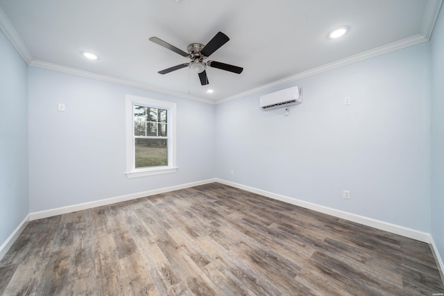 734 Randall Rd, Hot Springs, AR 71913 - empty room with a wall mounted air conditioner, baseboards, wood finished floors, ceiling fan, and ornamental molding