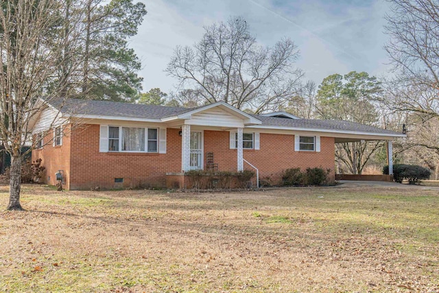 single story home with brick siding, a shingled roof, crawl space, an attached carport, and a front lawn