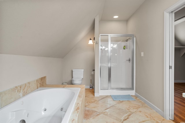 180 Port Au Prince, Hot Springs, AR 71913 - bathroom with a stall shower, a tub with jets, toilet, vaulted ceiling, and baseboards