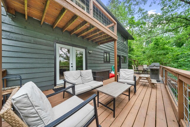 340 Vanadium Cir, Hot Springs, AR 71901 - wooden terrace featuring grilling area, french doors, and an outdoor hangout area