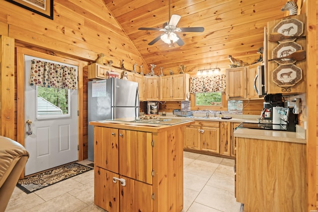 273 Alydar Trl, Hot Springs, AR 71901 - kitchen with vaulted ceiling, light countertops, a kitchen island, light tile patterned flooring, and wood ceiling