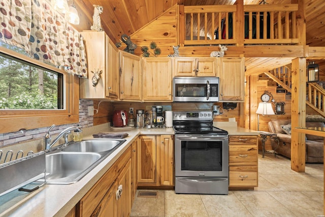 273 Alydar Trl, Hot Springs, AR 71901 - kitchen featuring stainless steel appliances, lofted ceiling, wooden ceiling, light countertops, and wood walls