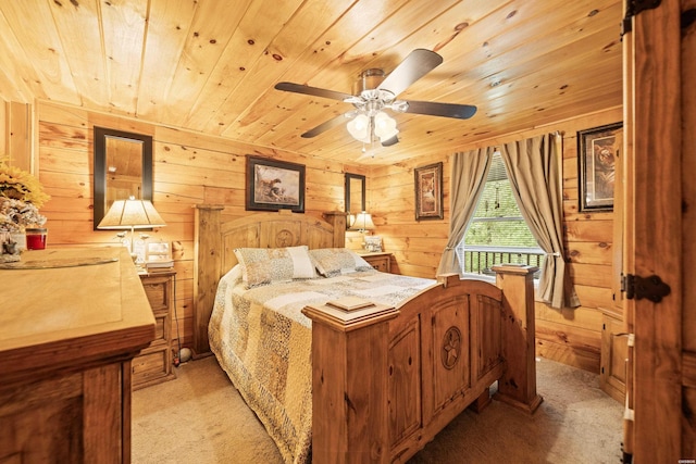 273 Alydar Trl, Hot Springs, AR 71901 - bedroom with wooden ceiling, light colored carpet, wooden walls, and a ceiling fan