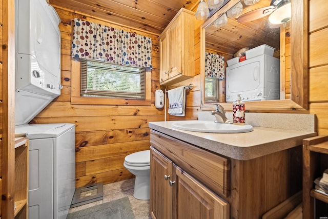 273 Alydar Trl, Hot Springs, AR 71901 - bathroom featuring estacked washer and dryer, vanity, wood walls, and wooden ceiling