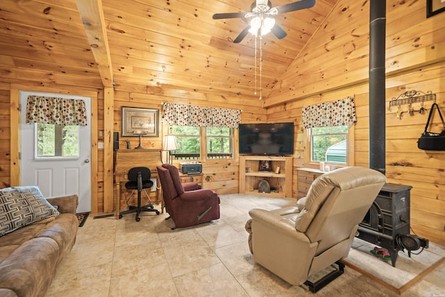 273 Alydar Trl, Hot Springs, AR 71901 - living room featuring a wood stove, vaulted ceiling, wooden walls, ceiling fan, and wooden ceiling