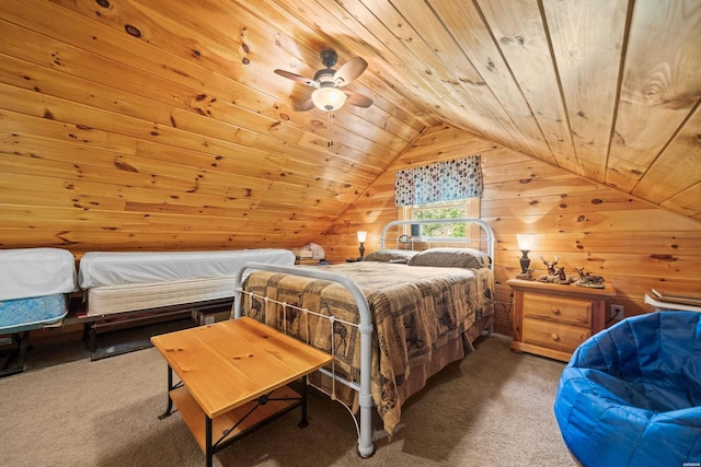 273 Alydar Trl, Hot Springs, AR 71901 - bedroom with carpet flooring, wood ceiling, wood walls, and vaulted ceiling