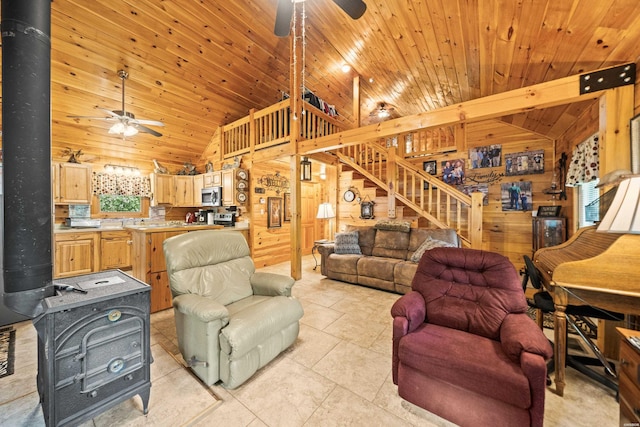 273 Alydar Trl, Hot Springs, AR 71901 - living area featuring a ceiling fan, lofted ceiling, wooden ceiling, stairs, and light tile patterned flooring