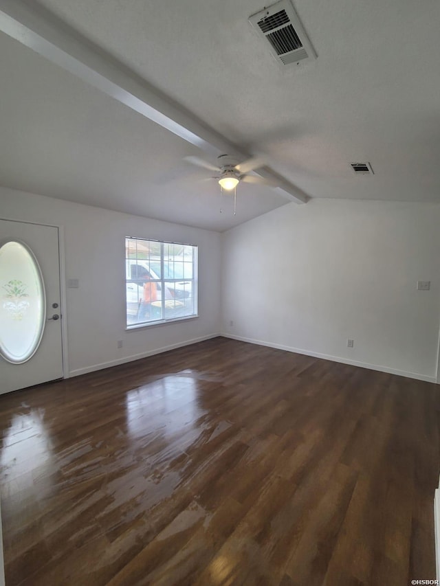 entryway with vaulted ceiling with beams, dark wood finished floors, visible vents, and baseboards