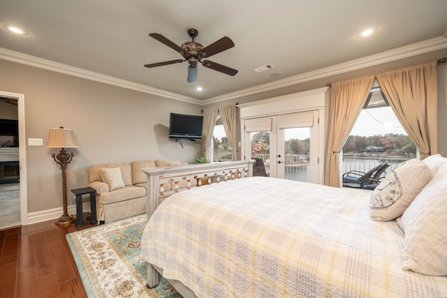 bedroom featuring access to exterior, dark wood-style floors, french doors, crown molding, and visible vents