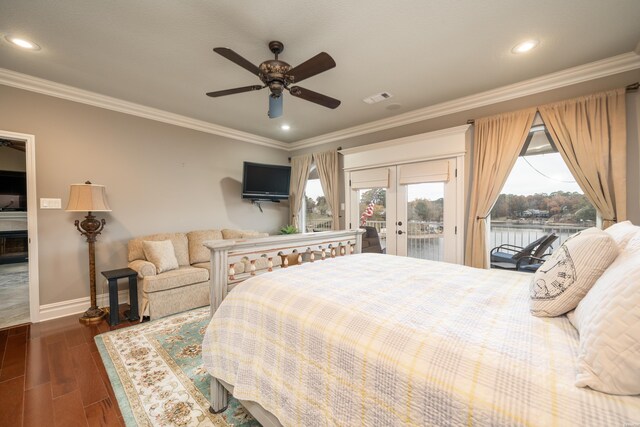 bedroom featuring access to exterior, dark wood-style floors, french doors, crown molding, and visible vents