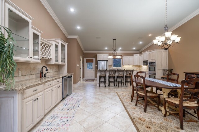 interior space featuring recessed lighting, crown molding, and light tile patterned floors