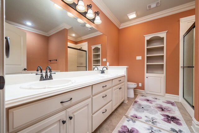 full bath with crown molding, visible vents, a sink, and double vanity