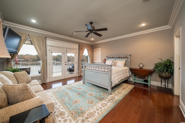 bedroom featuring access to outside, dark wood-type flooring, french doors, and baseboards