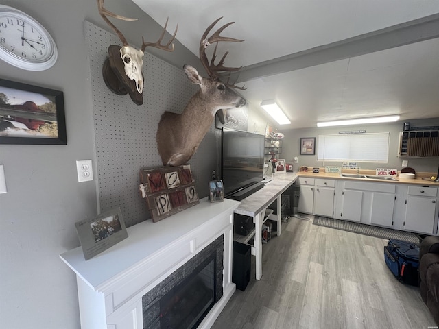 kitchen with light countertops, light wood finished floors, and white cabinets