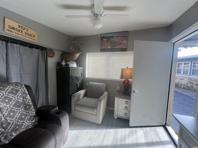 living area featuring a ceiling fan and wood finished floors