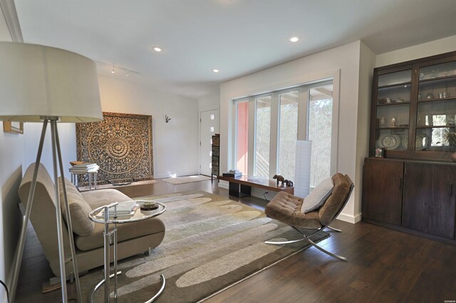 living room with baseboards, dark wood-type flooring, and recessed lighting