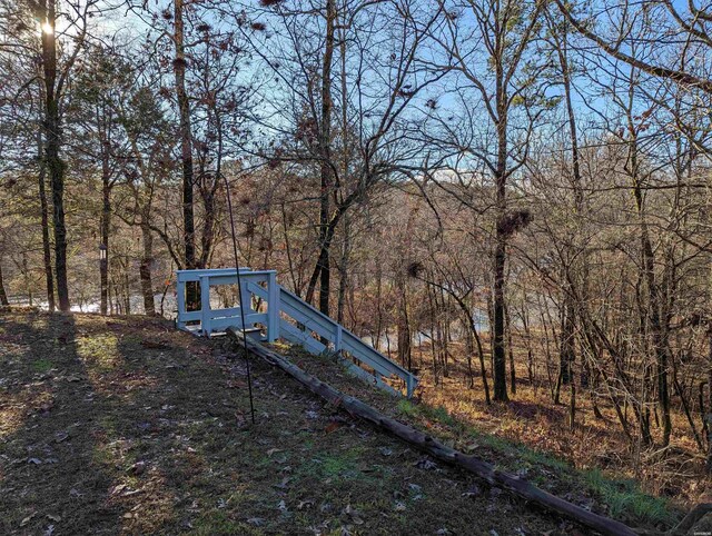 exterior space with a wooded view