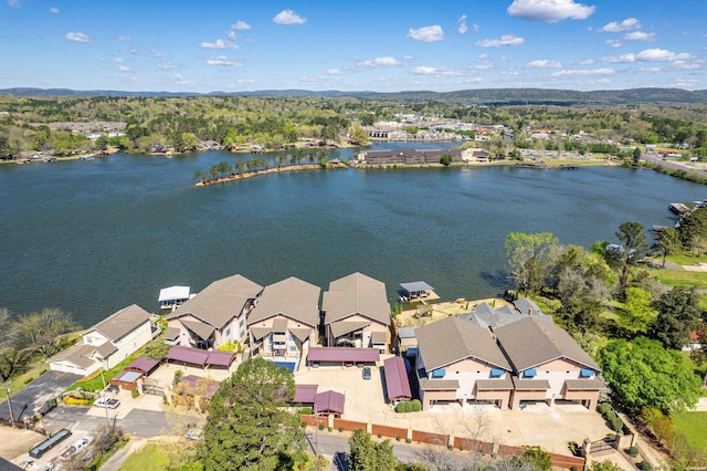 aerial view featuring a water view and a residential view