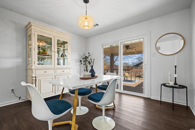 dining area with dark wood-style flooring, visible vents, and baseboards