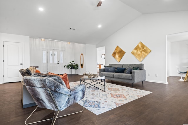 living room with visible vents, baseboards, dark wood-style floors, ceiling fan, and high vaulted ceiling