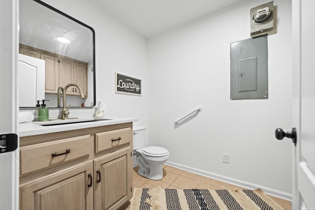 bathroom with electric panel, baseboards, toilet, tile patterned flooring, and vanity