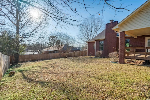 view of yard featuring a fenced backyard and a wooden deck