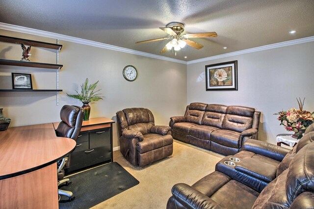 living room with carpet, crown molding, recessed lighting, ceiling fan, and a textured ceiling