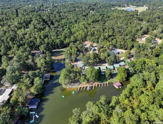 aerial view featuring a water view and a wooded view