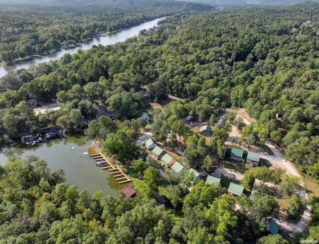 aerial view featuring a water view and a wooded view