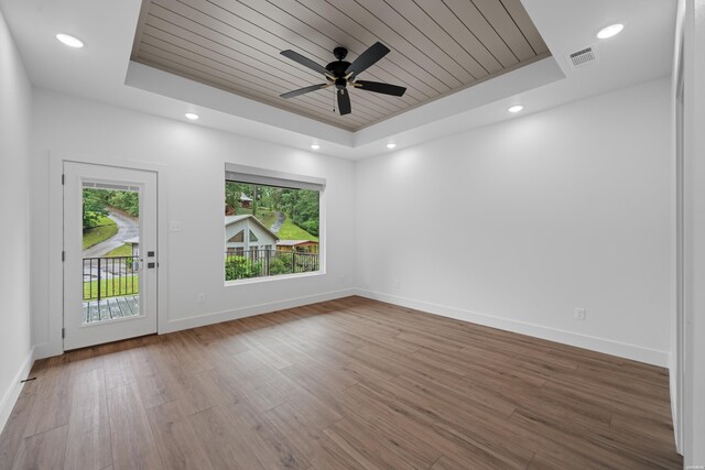168 Krause Ln Unit A, Hot Springs, AR 71913 - unfurnished room featuring a raised ceiling, wooden ceiling, wood finished floors, baseboards, and a ceiling fan