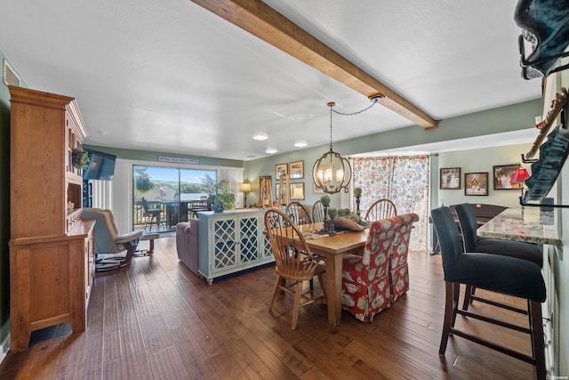 dining space with a chandelier, dark wood-style flooring, and beam ceiling