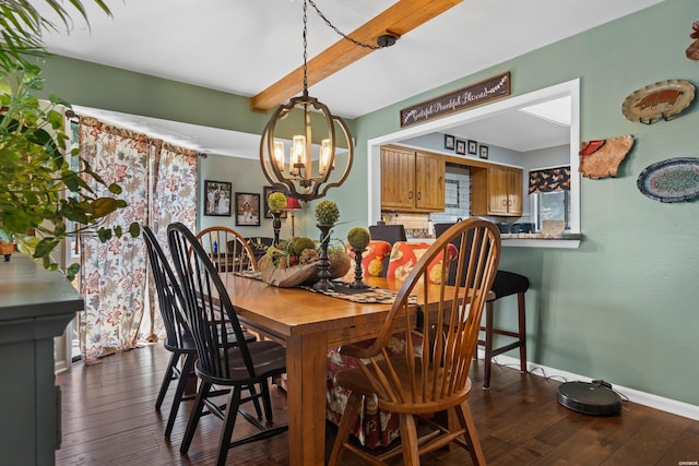 dining room featuring a notable chandelier, beam ceiling, baseboards, and dark wood-style flooring