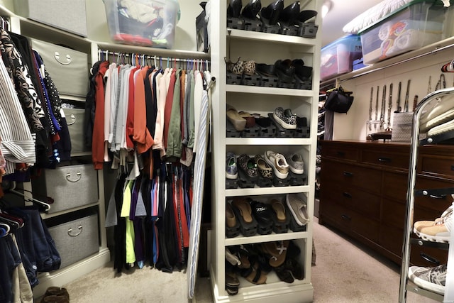 walk in closet featuring light carpet