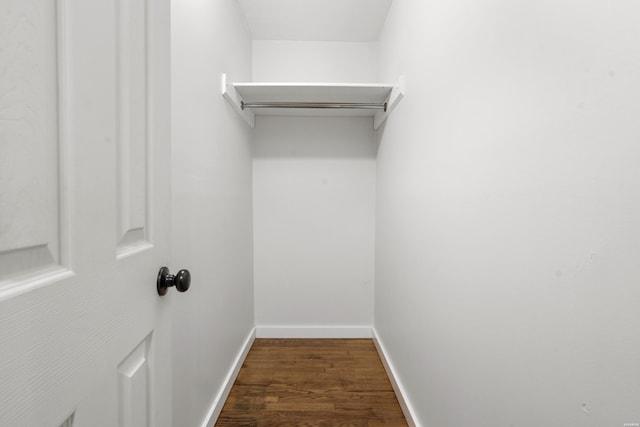 walk in closet with dark wood-type flooring