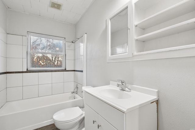 bathroom with toilet, shower / bathing tub combination, vanity, and visible vents