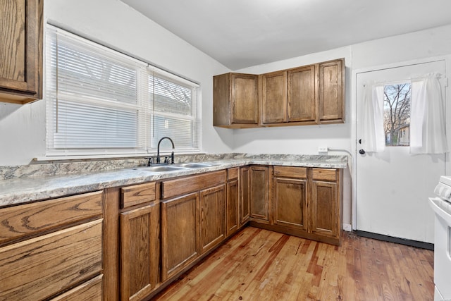 kitchen featuring a wealth of natural light, light wood finished floors, a sink, and brown cabinetry