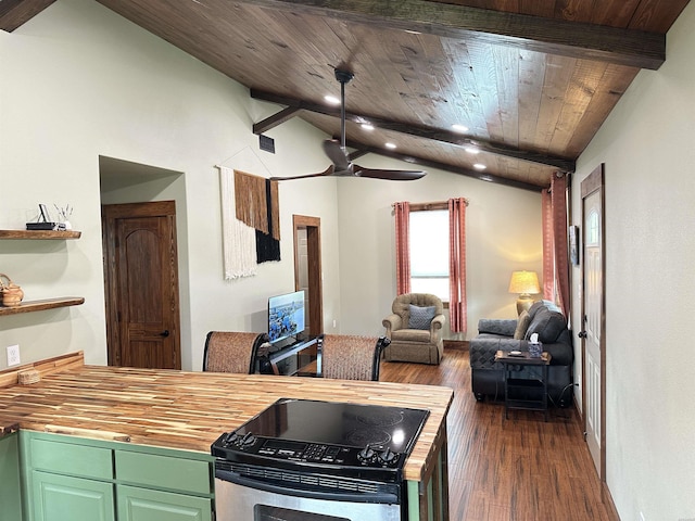 324 Quapaw Rd, Bismarck, AR 71929 - kitchen with wooden counters, open floor plan, green cabinets, range with electric cooktop, and dark wood-type flooring