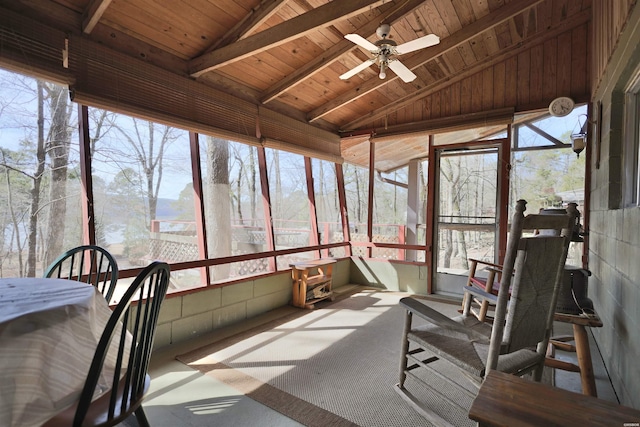 sunroom / solarium featuring lofted ceiling with beams, a healthy amount of sunlight, ceiling fan, and wooden ceiling