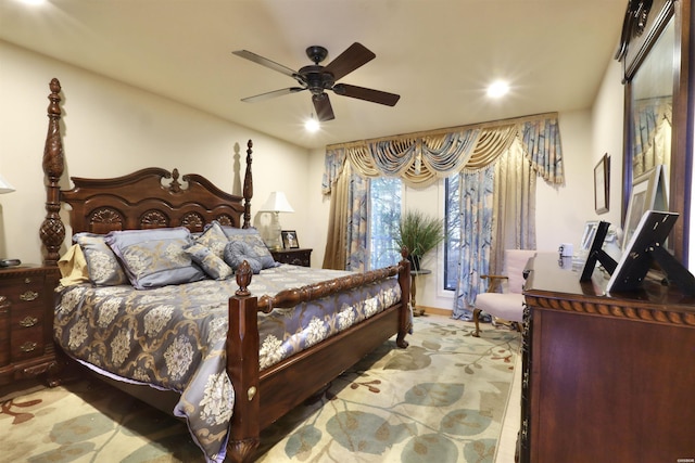 bedroom with ceiling fan and recessed lighting