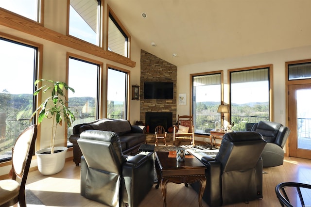 living room featuring light wood-type flooring, plenty of natural light, and a stone fireplace