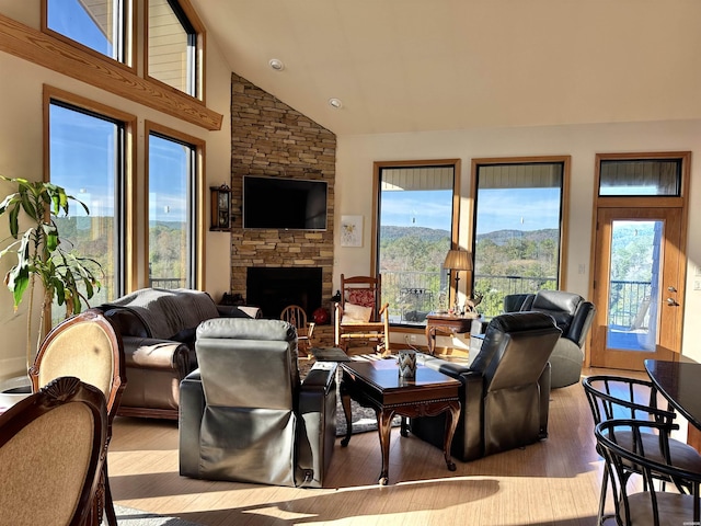 living area featuring light wood finished floors, high vaulted ceiling, and a stone fireplace