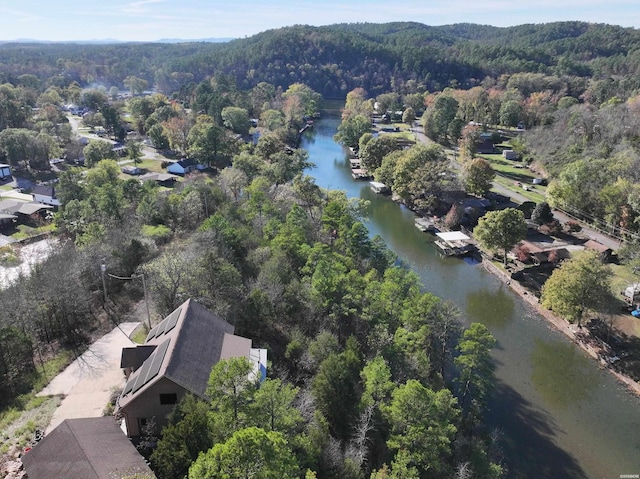 aerial view with a water view and a view of trees