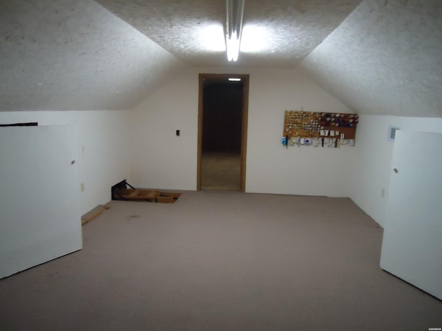 additional living space featuring a textured ceiling, carpet flooring, and lofted ceiling