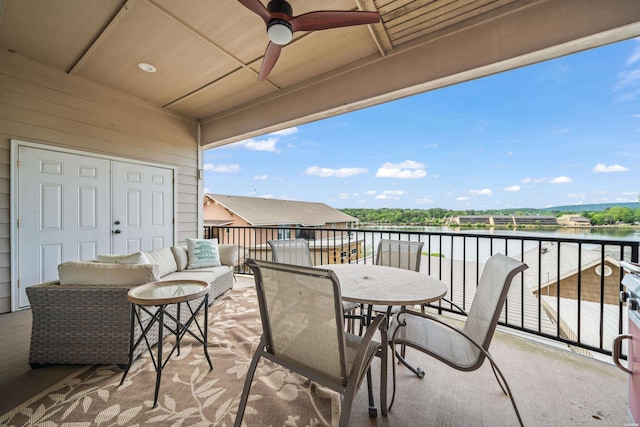 244 Bayou Pt Unit 401-B, Hot Springs, AR 71913 - balcony featuring a water view, ceiling fan, and outdoor lounge area