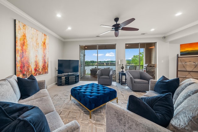 244 Bayou Pt Unit 401-B, Hot Springs, AR 71913 - living area featuring recessed lighting, a ceiling fan, crown molding, and baseboards