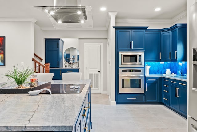 244 Bayou Pt Unit 401-B, Hot Springs, AR 71913 - kitchen featuring appliances with stainless steel finishes, blue cabinetry, crown molding, and recessed lighting