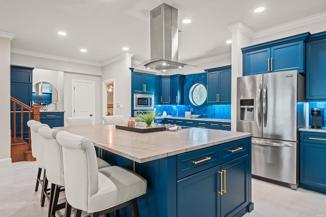244 Bayou Pt Unit 401-B, Hot Springs, AR 71913 - kitchen with appliances with stainless steel finishes, island range hood, crown molding, decorative backsplash, and a kitchen island