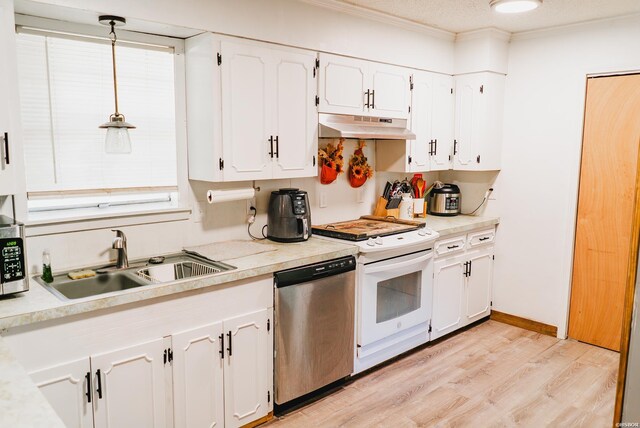 kitchen featuring stainless steel appliances, light countertops, under cabinet range hood, and white cabinetry