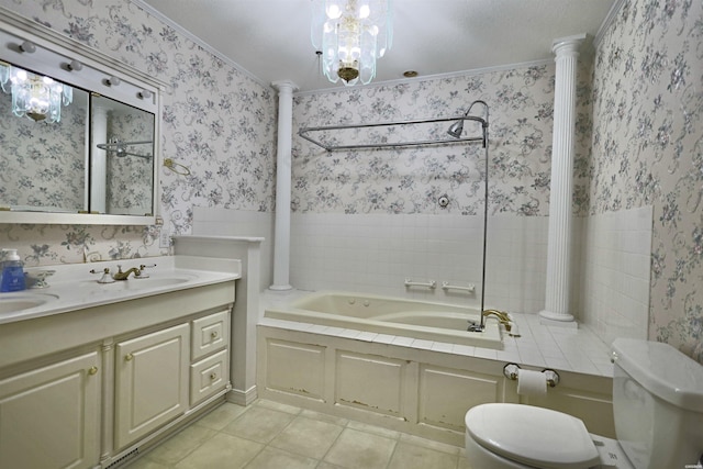 221 Perry St, Glenwood, AR 71943 - full bathroom with a bath, double vanity, wallpapered walls, toilet, and tile patterned floors